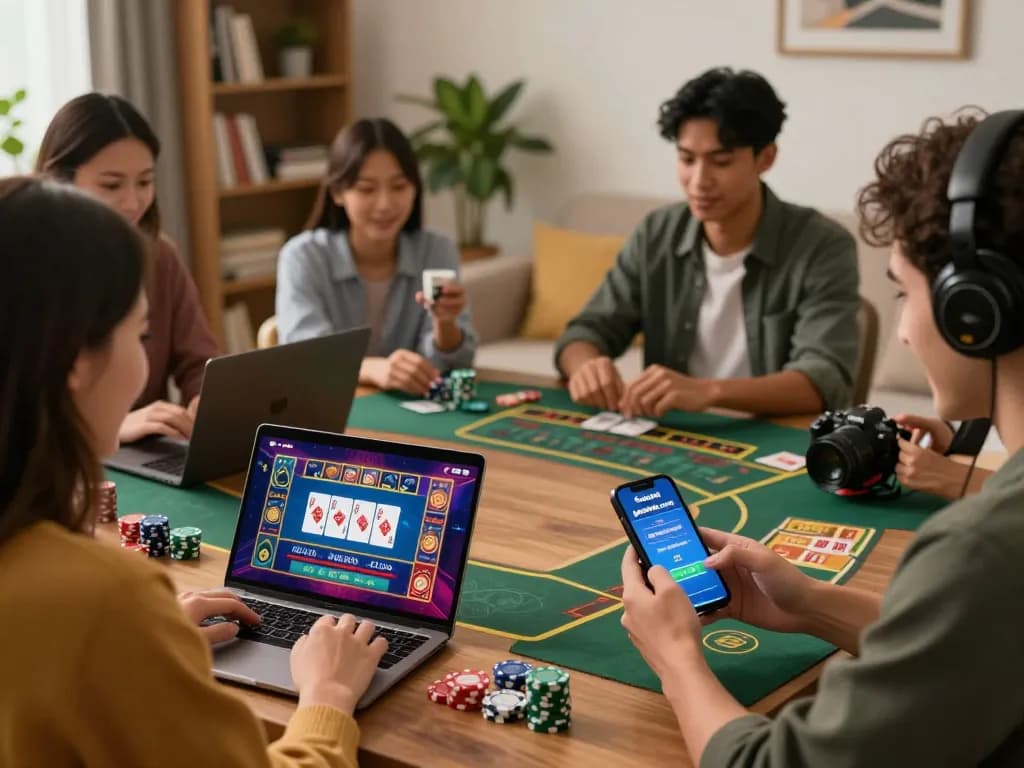 Players enjoying casino gaming on their devices with the app https://gnk88.com/ visible, capturing a friendly and responsible environment.