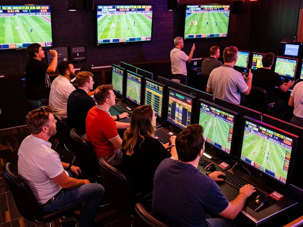 TR88 bettors engaged in real-time sports gambling excitement with dynamic screens.