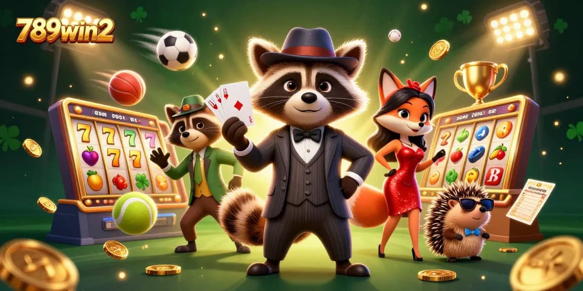 Engage with the thrilling excitement of 789win2 casino games, featuring a raccoon holding a royal flush.