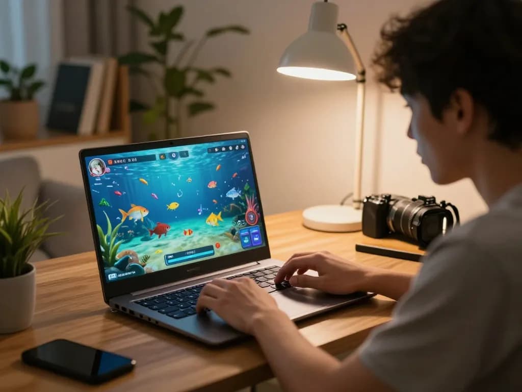Bắn cá đổi thưởng gameplay with an engaged player focused on the laptop screen in a cozy home setting.