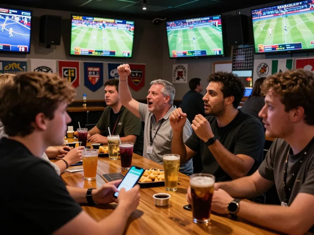 Engaged bettors using keonhacai app at a lively sports bar to place real-time bets