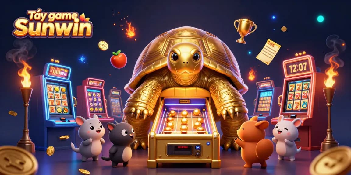 Tải game Sunwin with a dynamic casino illustration featuring a golden tortoise pinball machine surrounded by vibrant slot game symbols.