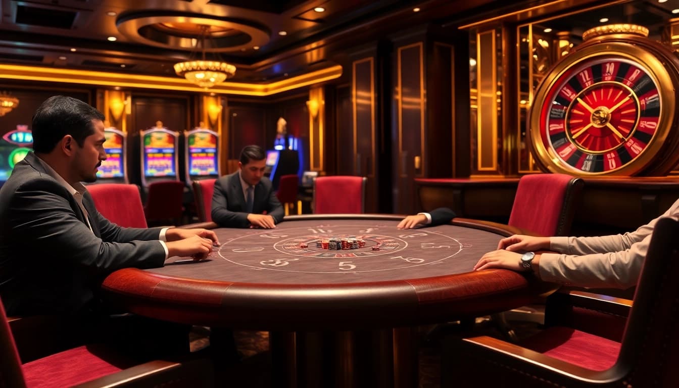 Players enjoying a thrilling j88 poker game in a luxurious casino atmosphere.