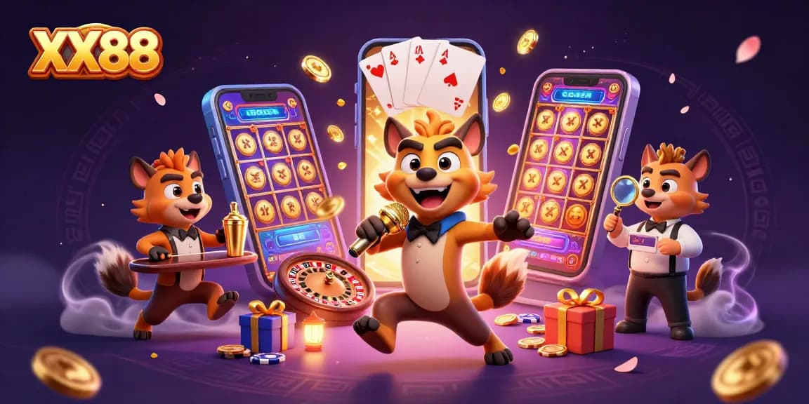 Engage with XX88's 3D cartoon comedy casino scene showcasing excitement and winning opportunities.