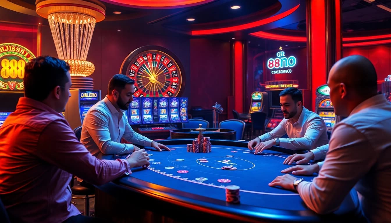 Players strategizing at an az 888 poker table, emphasizing excitement in luxury casino atmosphere.