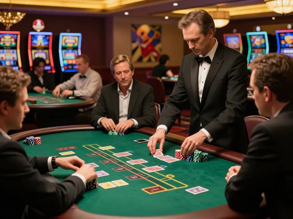 Players enjoying blackjack at MM88 casino, showcasing strategy and excitement in a lively venue