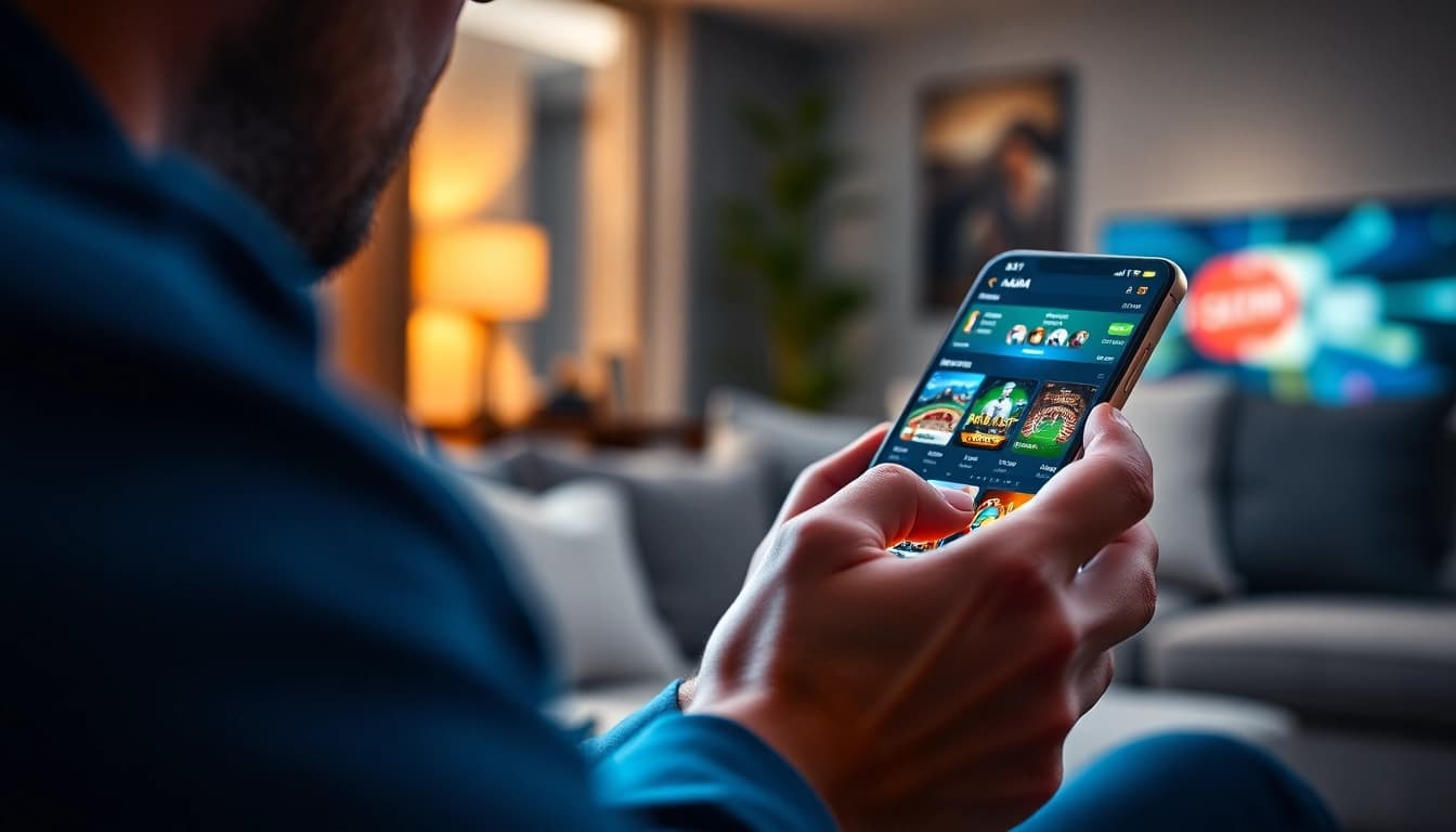Dynamic view of a user enjoying the Trang Chủ OKATM online betting interface on a smartphone, showcasing vibrant games and sports betting.