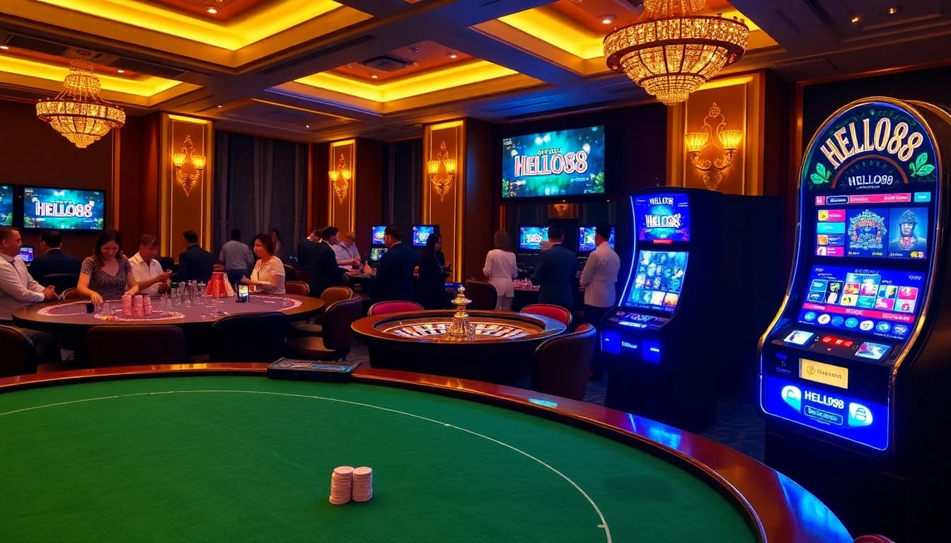 Experience the thrill of gambling with HELLO88 at an elegant casino setting featuring poker tables and slot machines.