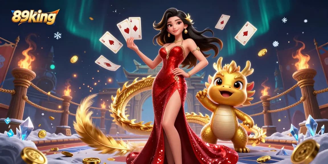 Spin to win at 89king with a stunning casino scene featuring a vibrant Asian woman and golden dragon.
