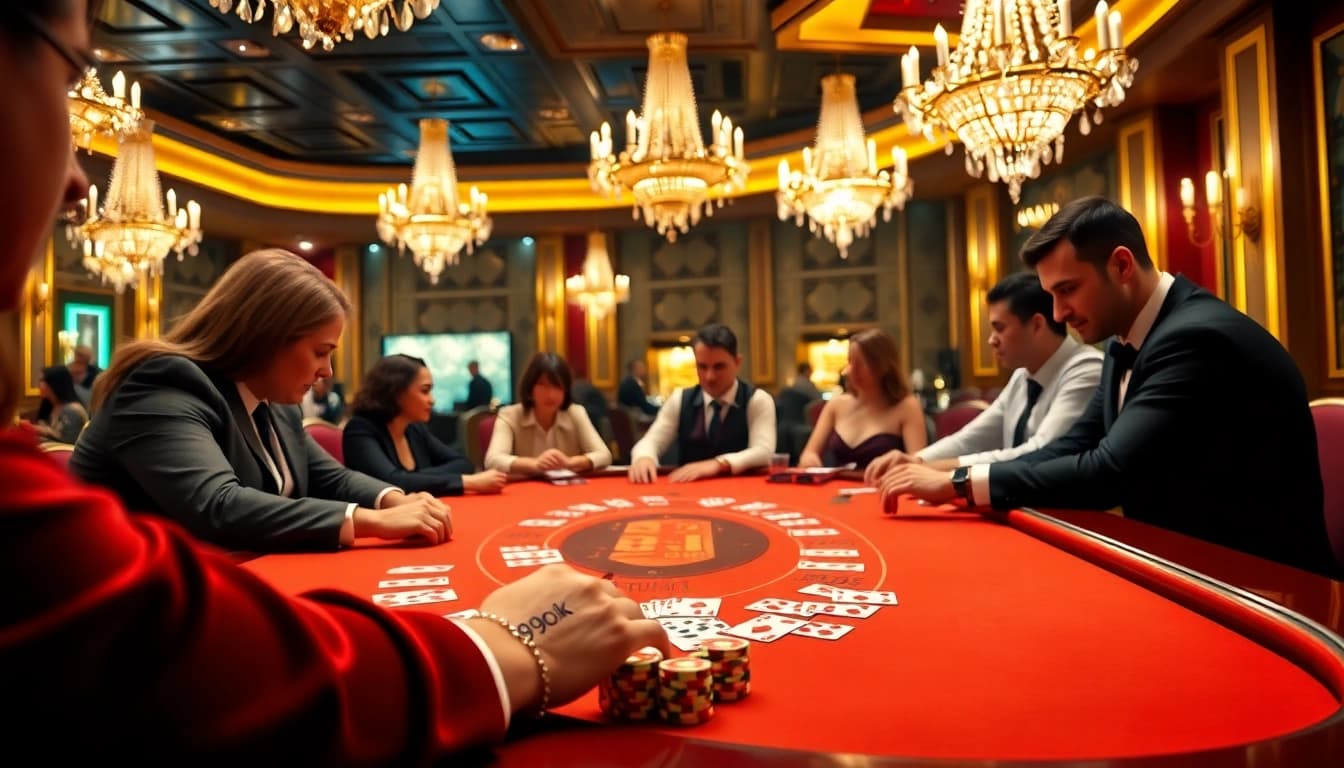 Players enjoying baccarat at a high-stakes table with 99ok branding evident.