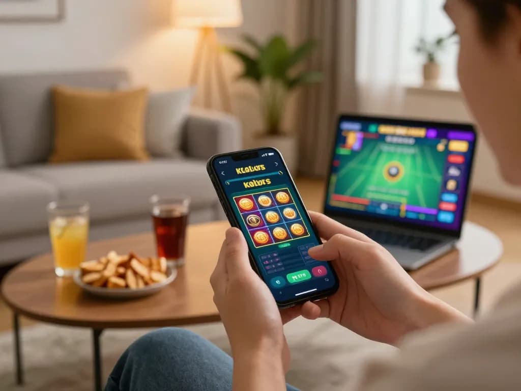 KDSlots app in action as a user engages in online gaming on smartphone while relaxing at home.