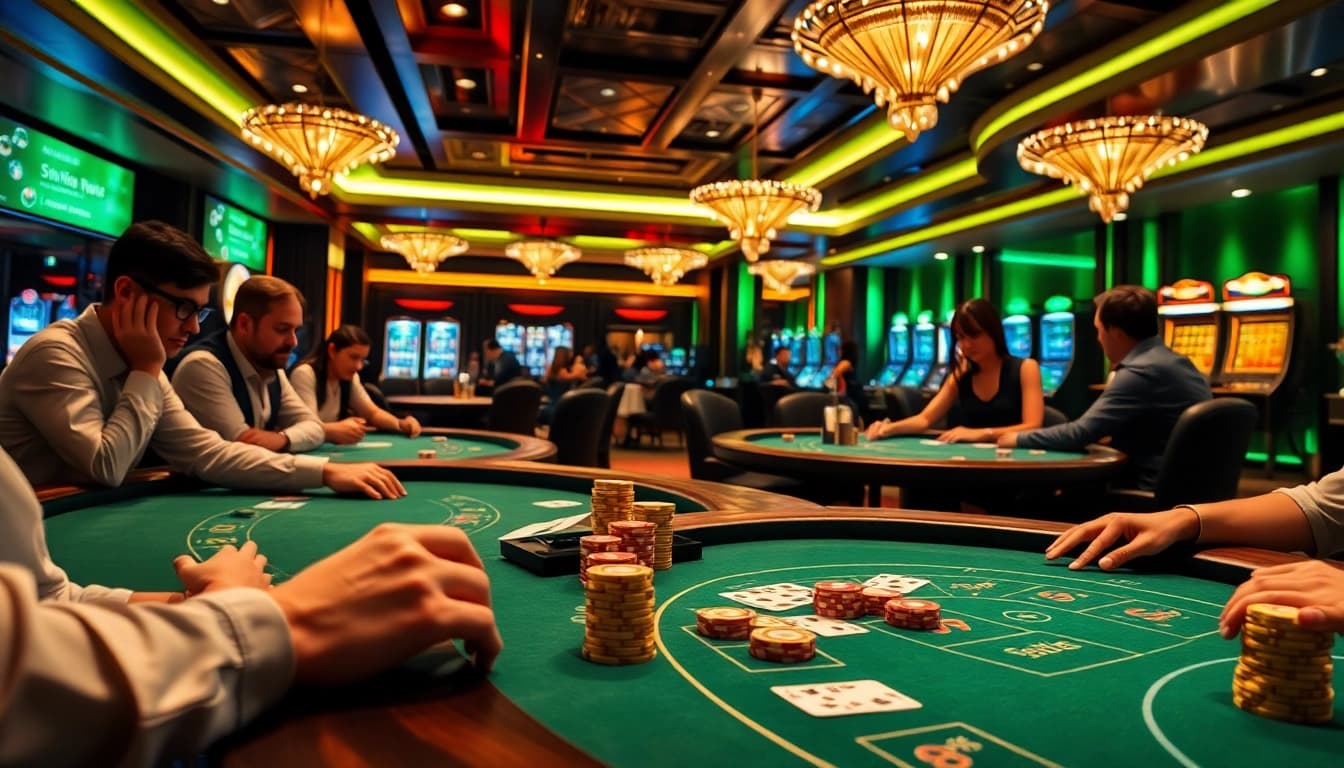 Experience the thrill of 98win đăng nhập as players strategize at elite blackjack tables in a vibrant online casino.