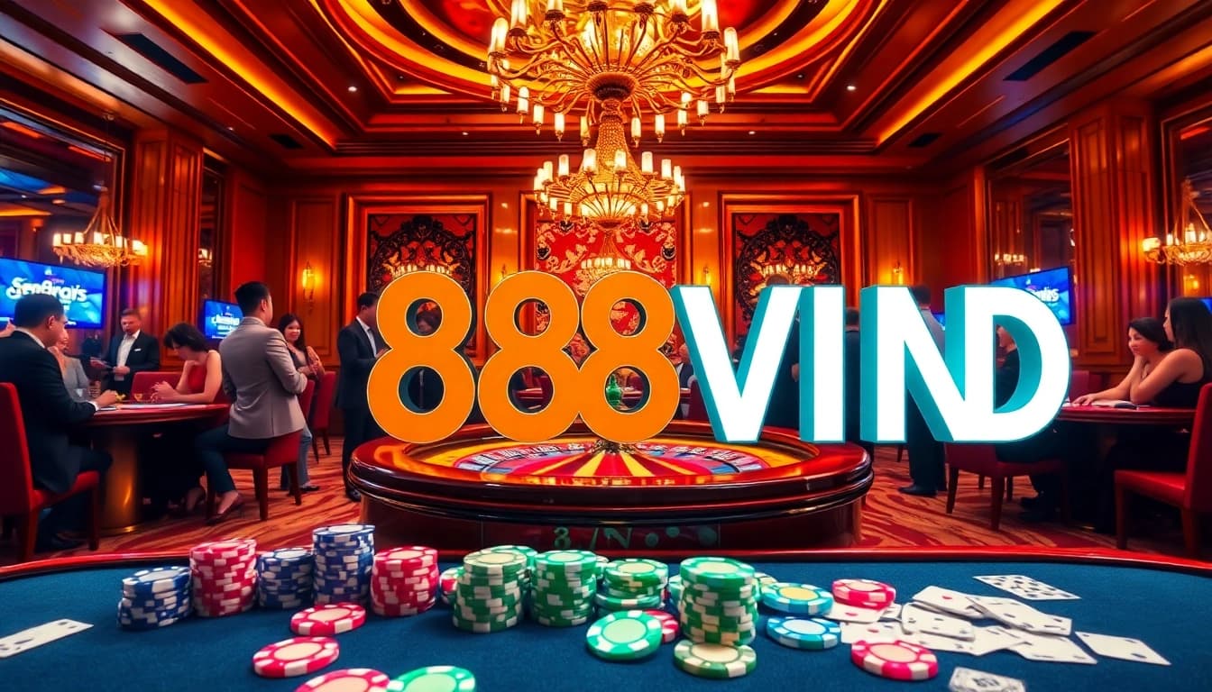 Players enjoying a thrilling game at the luxurious 888VND casino with vibrant roulette and poker chips.