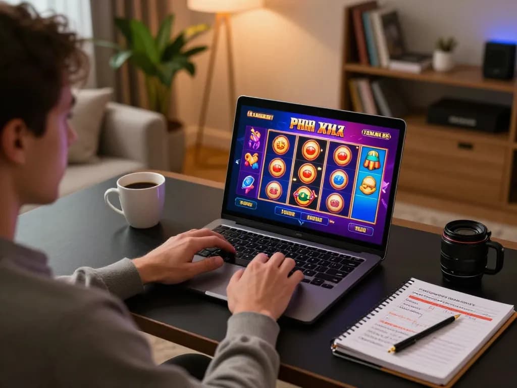 Player enjoying sunwintop online casino games with a laptop and coffee, surrounded by strategic notes.