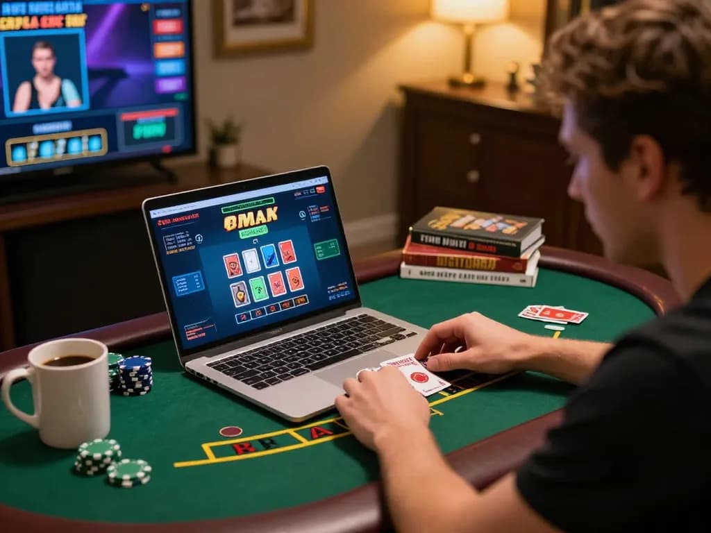 Experience adrenaline with PUB88 as you play blackjack online, strategy book and chips visible.
