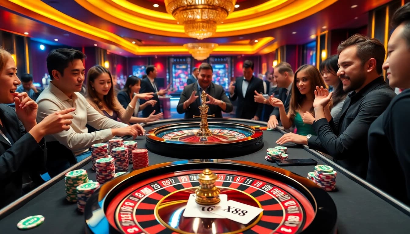X88 themed poker table with players enjoying high-stakes gambling in a luxurious casino setting.