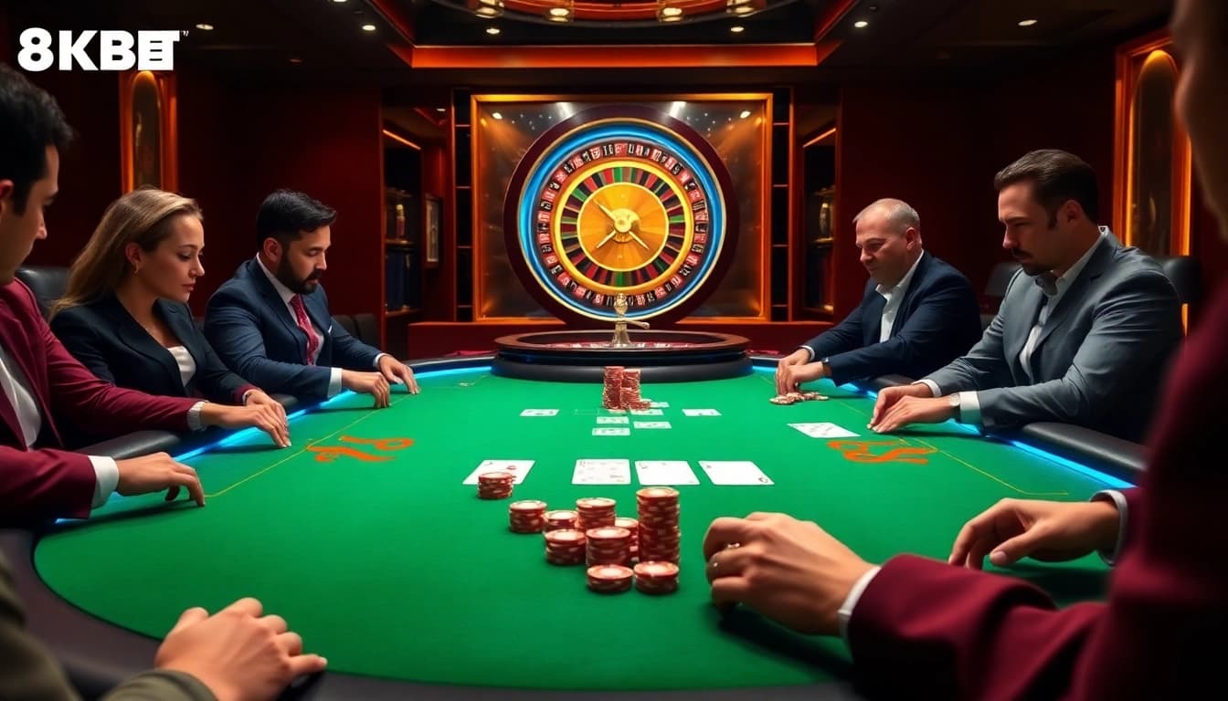 Experience the thrilling Game bài 8KBET at a luxurious casino table with strategic gameplay.