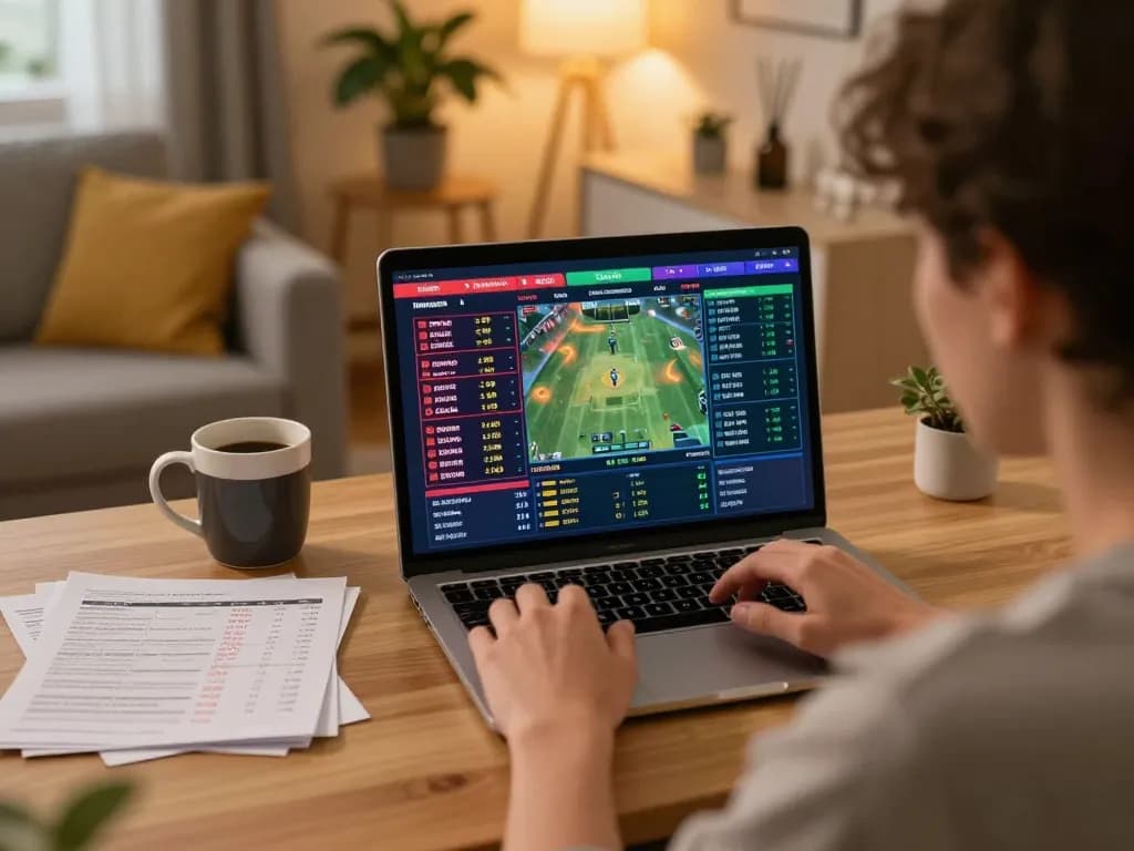 Engaged bettor using keonhacai for strategic sports betting from a home office.
