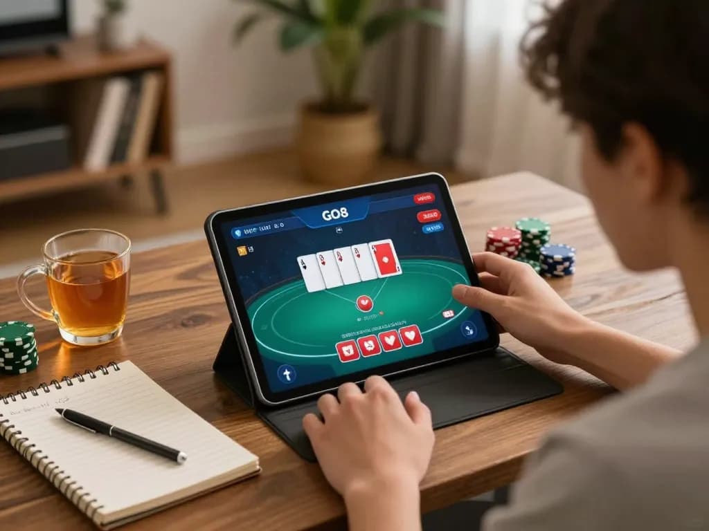 Player engaging in GO8 poker game on a tablet at home, highlighting strategic gameplay.