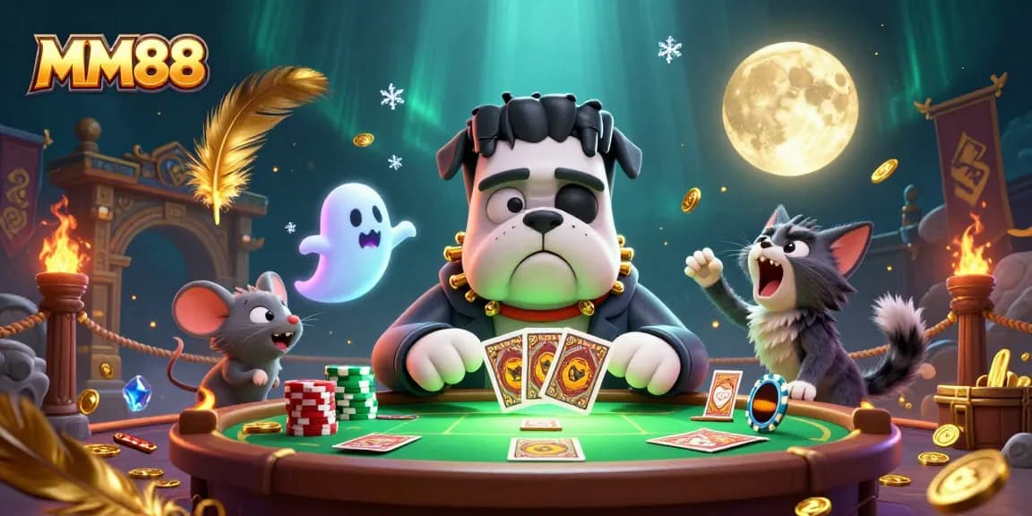 MM88's cartoon creature deals cards at a spooky table, surrounded by gold coins and vibrant gaming elements.