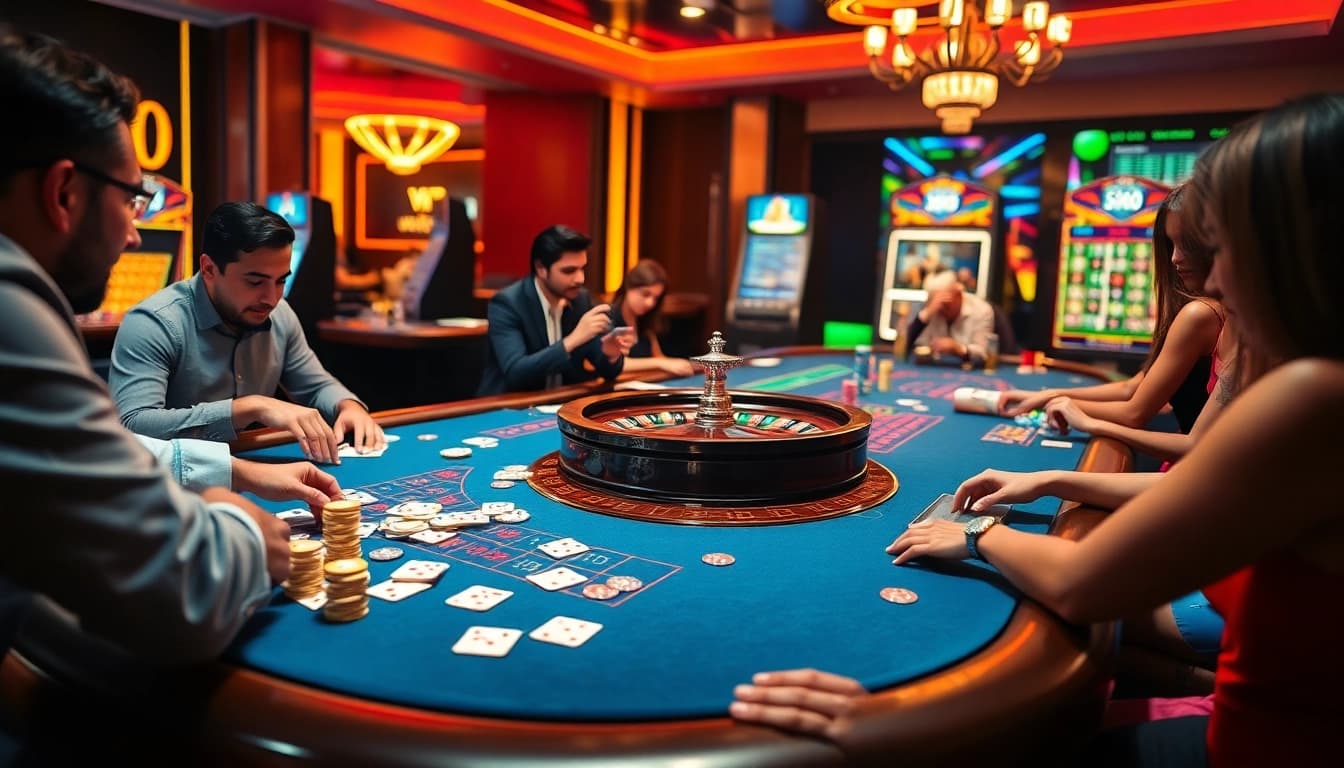 Action-packed gaming at nhà cái XX88's luxurious casino, featuring vibrant roulette and poker excitement.