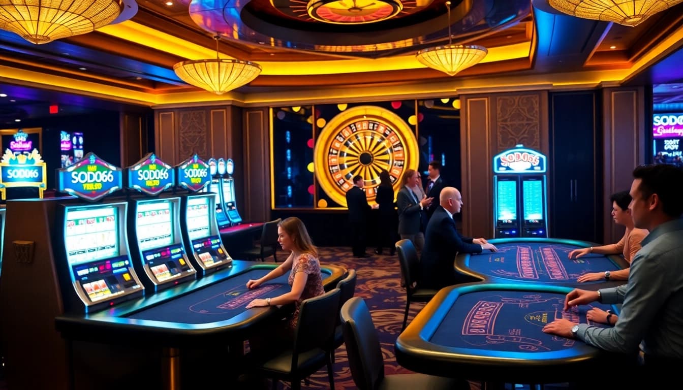 SODO66 players enjoying a luxurious casino experience at a high-stakes poker table with vibrant slot machines.