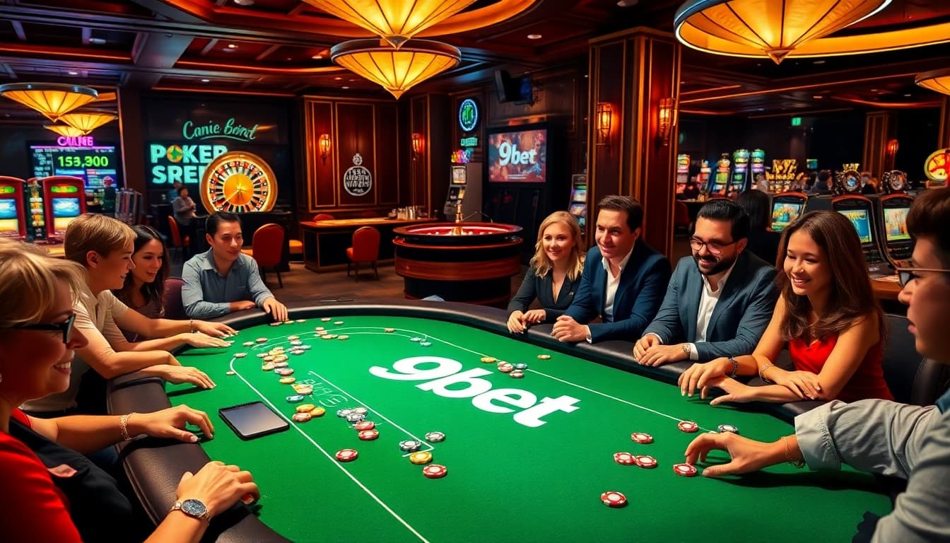 Players enjoying a thrilling game at a 9bet poker table in an elegant casino setting.