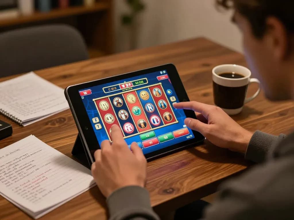 Engaging with the NK88 online slot game on a tablet, surrounded by strategy notes.
