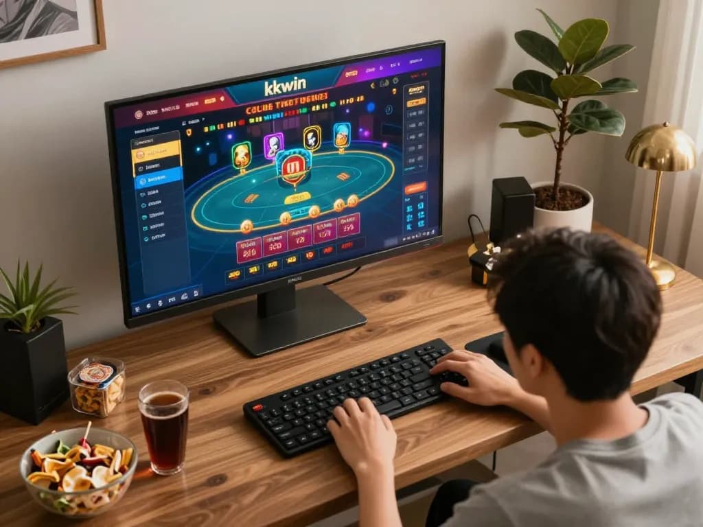 Engaging player enjoying online gaming on kkwin platform in a cozy home office setting.