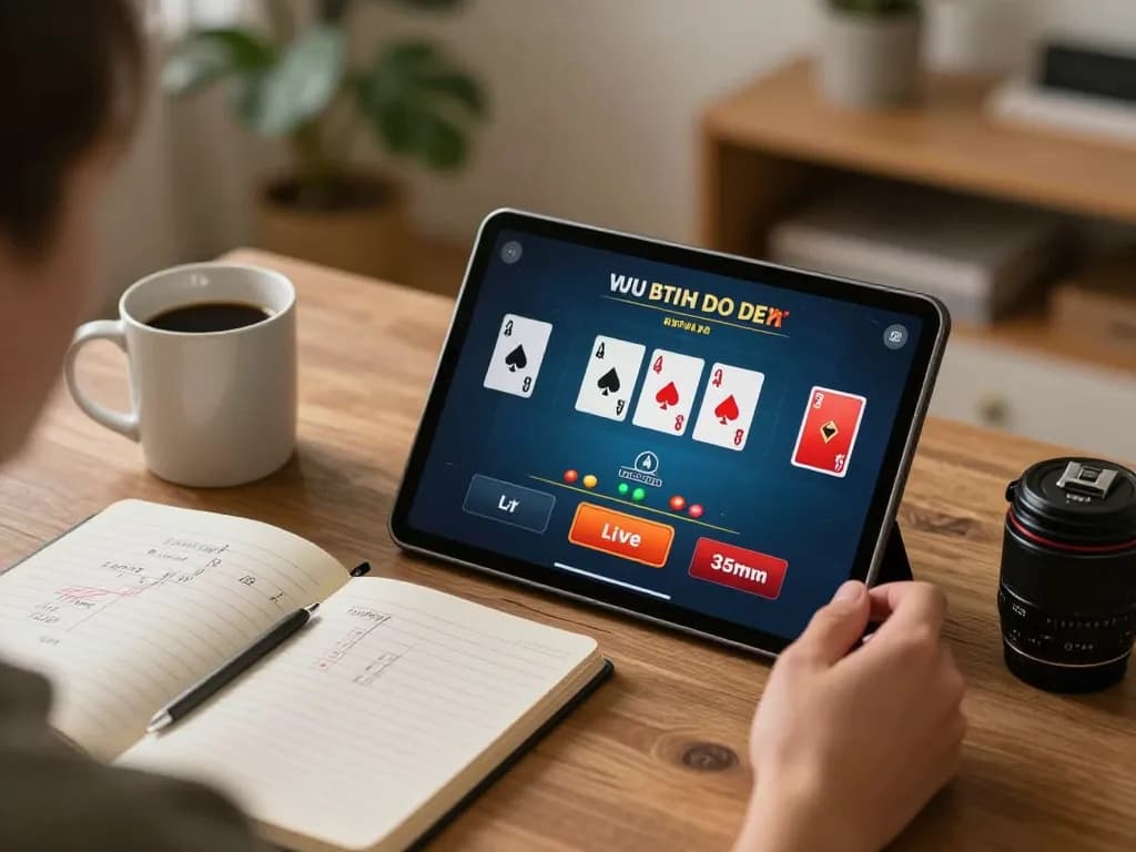 Player enjoying 999bet live dealer blackjack game at home with strategic notes.