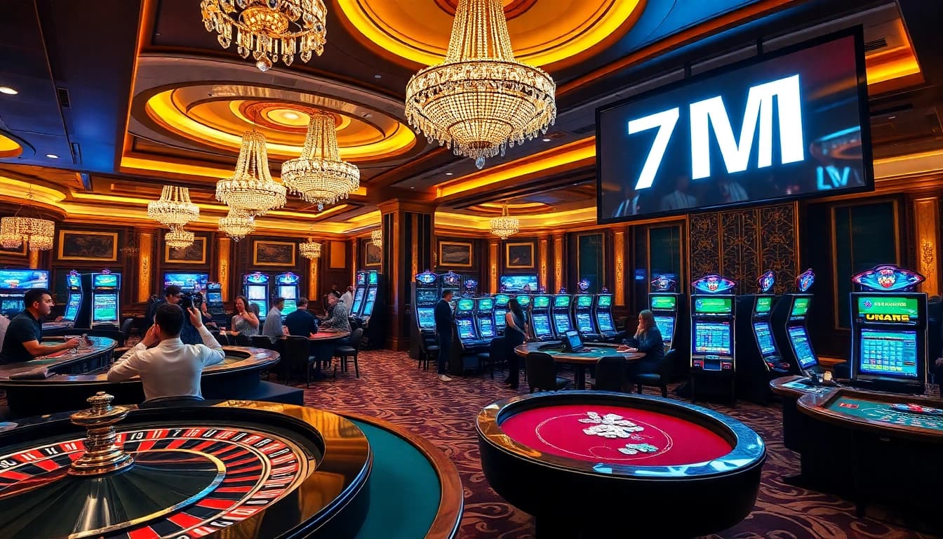 Players celebrating wins at a lavish casino featuring the 7M scoreboard.