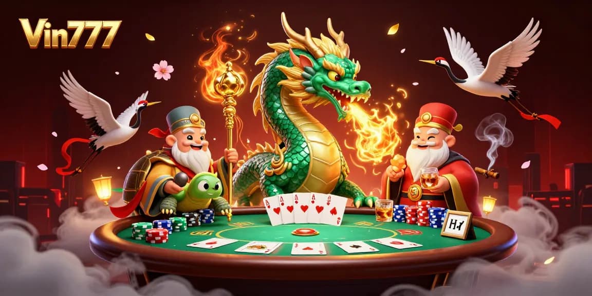 Experience Vin777's vibrant casino adventure with a dragon, turtle sage, and cranes amid poker elements.
