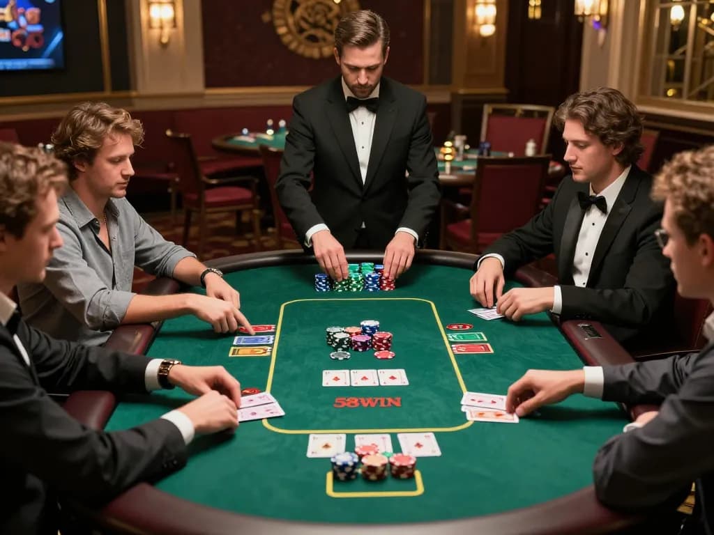 Players enjoying a thrilling game of poker at 58win's luxurious casino table.