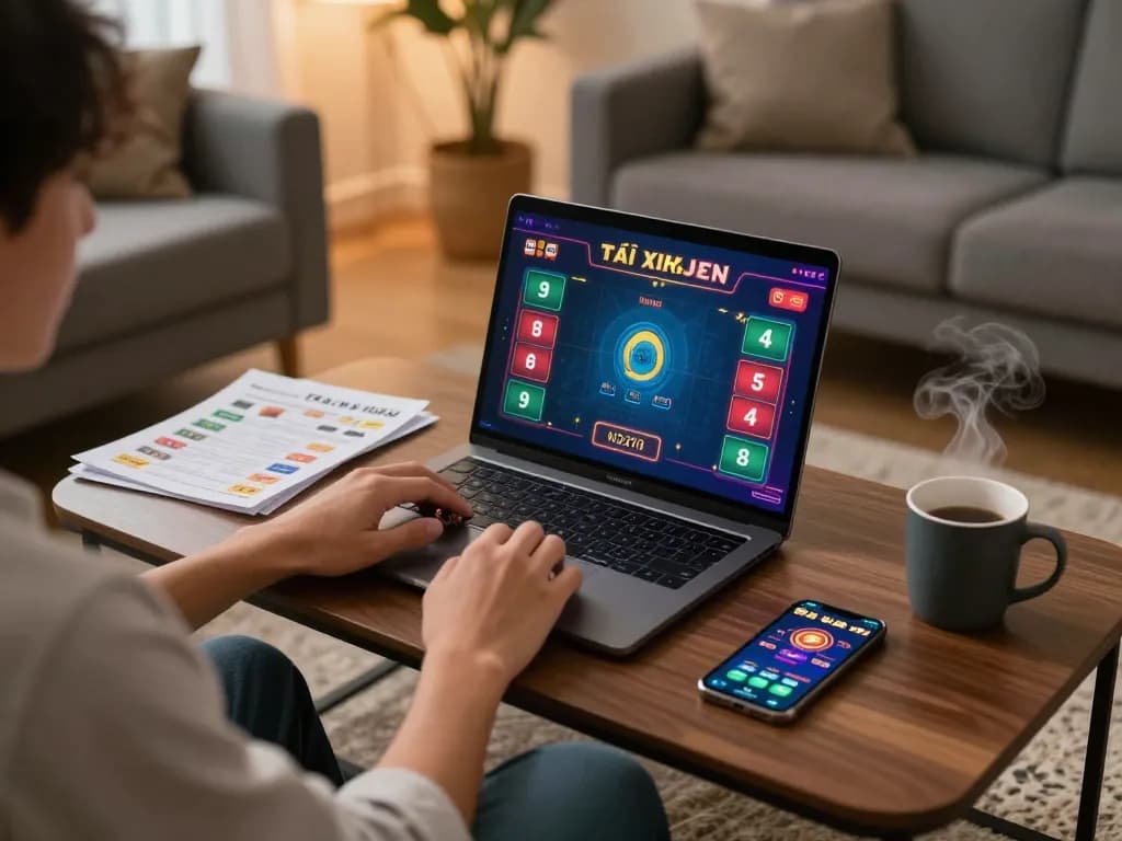 Tài Xỉu online betting setup with laptop displaying game interface and strategy notes.