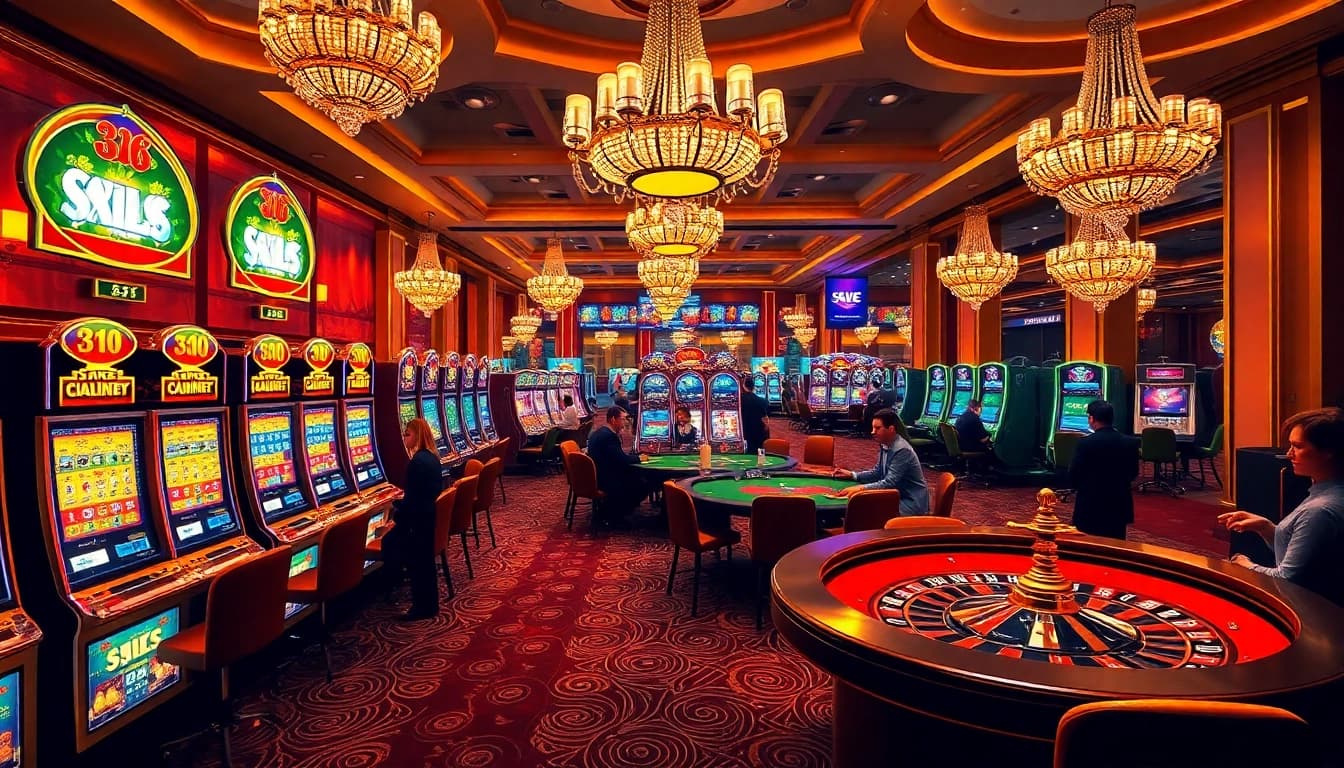 Experience the thrill of sv 88 at a vibrant casino featuring players engaging in poker and slot machines.