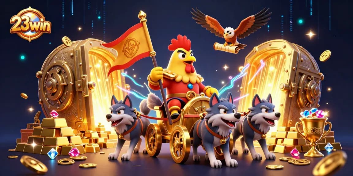 Engage with 23win's captivating 3D rooster warlord scene, exploring rich casino treasures.