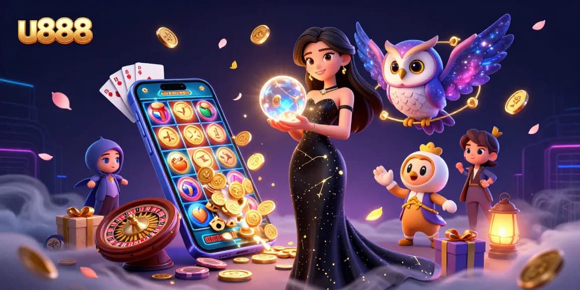 Engage with u888's vibrant gaming scene, featuring a woman in a black gown and mystical elements.