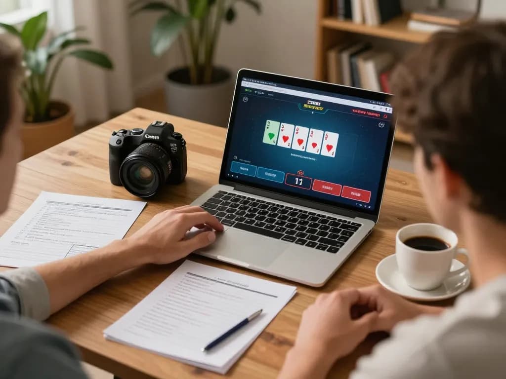 Engaged player strategizing for onbet 88 poker game on laptop in cozy home environment.