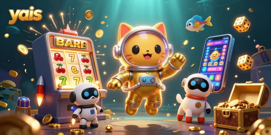 yais showcases an exciting casino adventure with 3D characters amid vibrant slot machines and treasures.