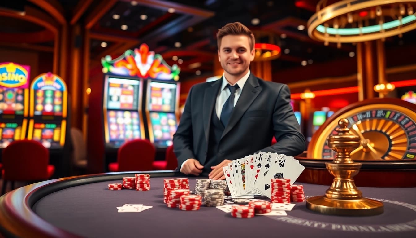 Experience NK88's thrilling gaming atmosphere at a vibrant casino table filled with poker chips and cards.