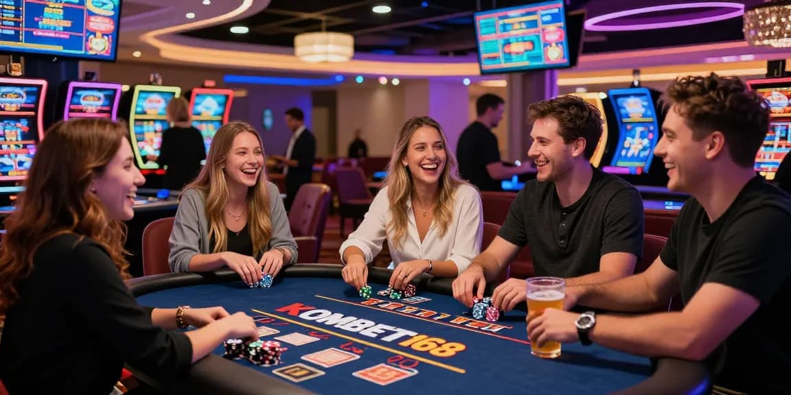Exciting casino scene with friends enjoying KOMBET168 gaming experience.