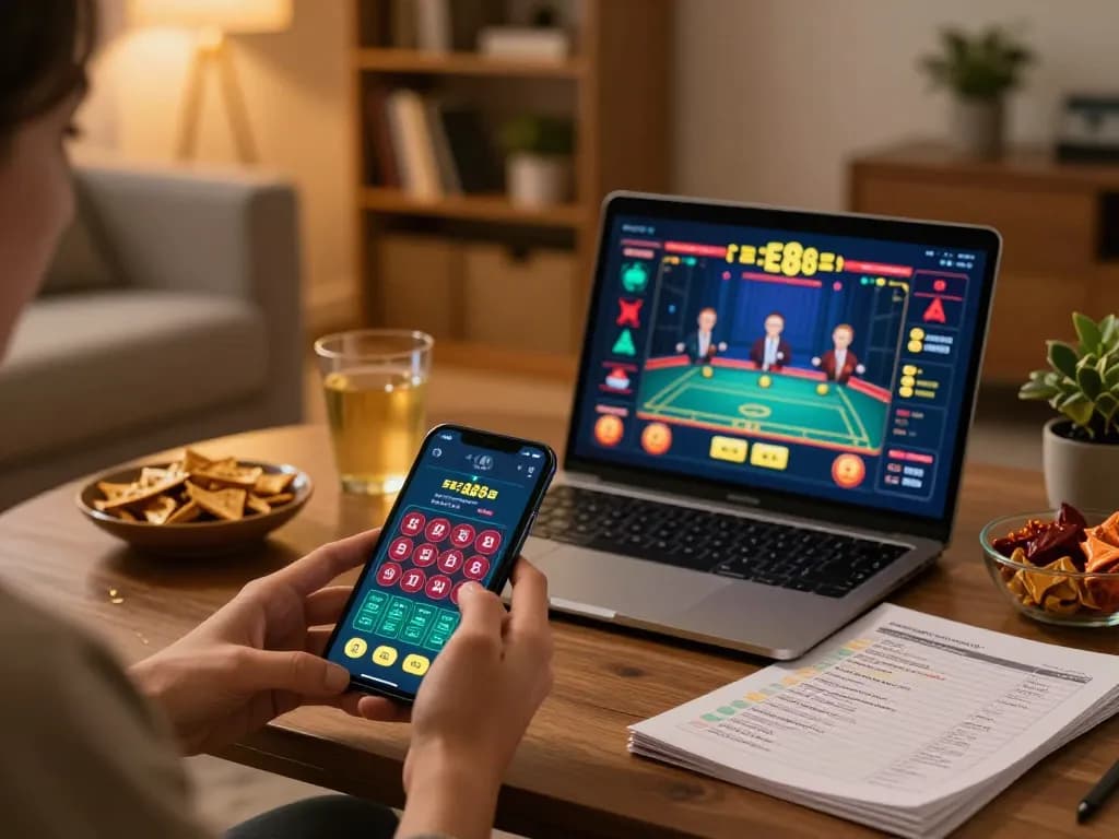 Engaging in strategic gameplay with the EE88 app on a smartphone, surrounded by snacks and ambiance.