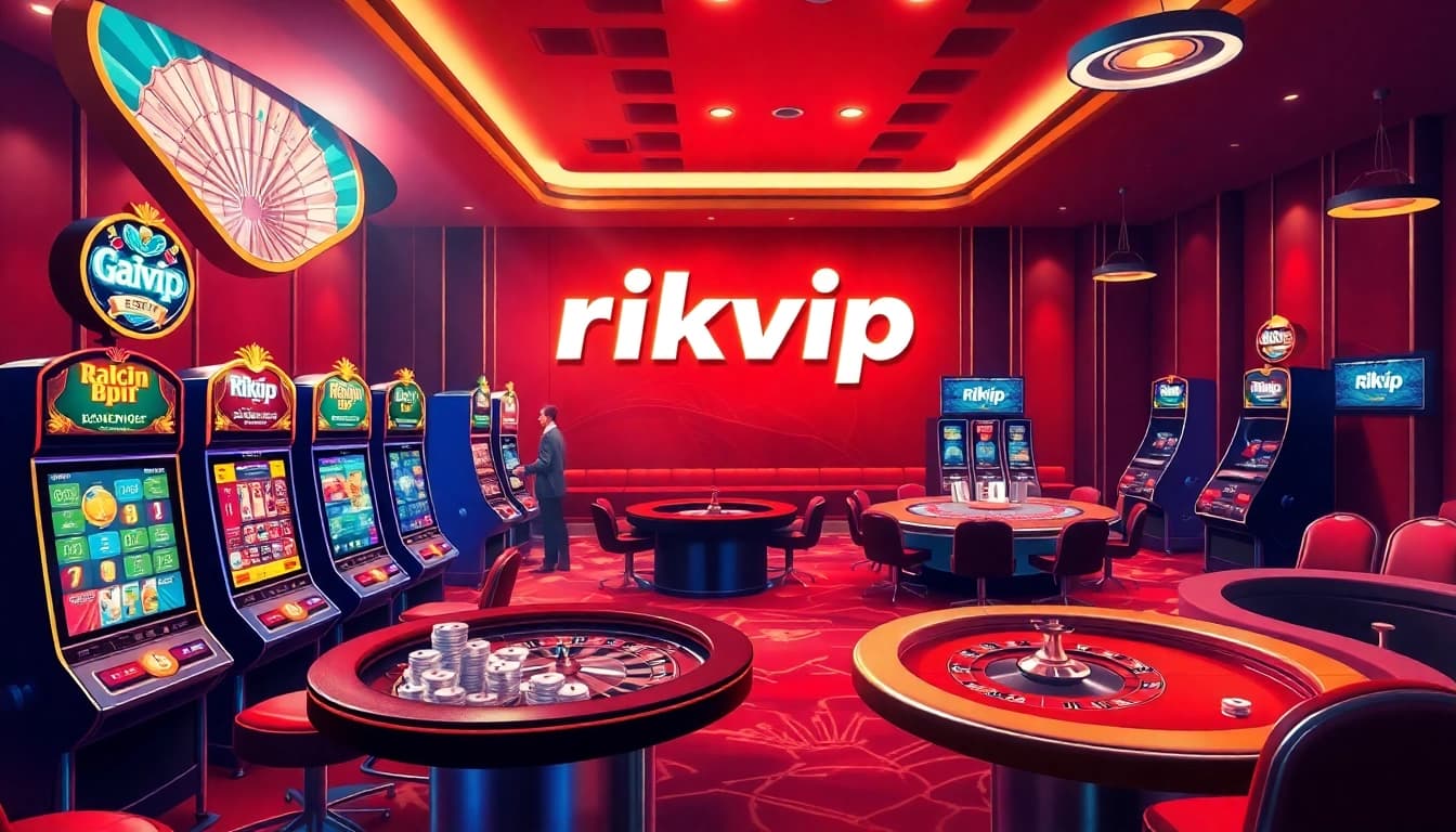 rikvip casino players enjoying exciting slots and poker games in a luxurious virtual atmosphere