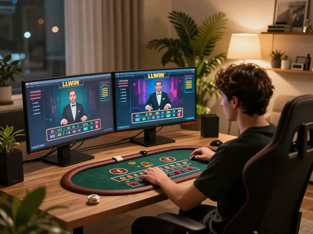 Player engaging in live dealer game on LLWIN in a cozy home setup, showcasing immersive online gaming atmosphere