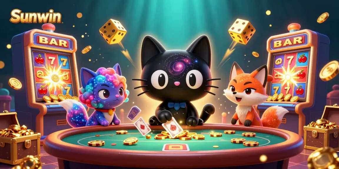 Engage in thrilling slots at Sunwin with a vibrant cosmic casino scene showcasing a black hole cat.