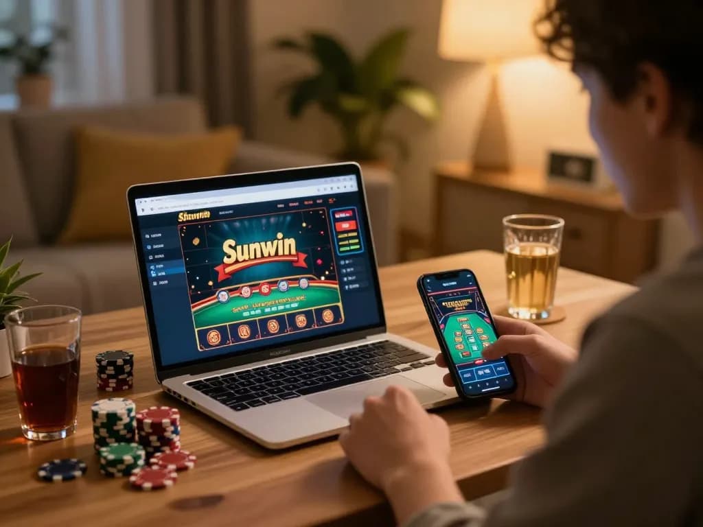 Sunwin player enjoying an engaging online casino experience at home with vibrant gaming app.