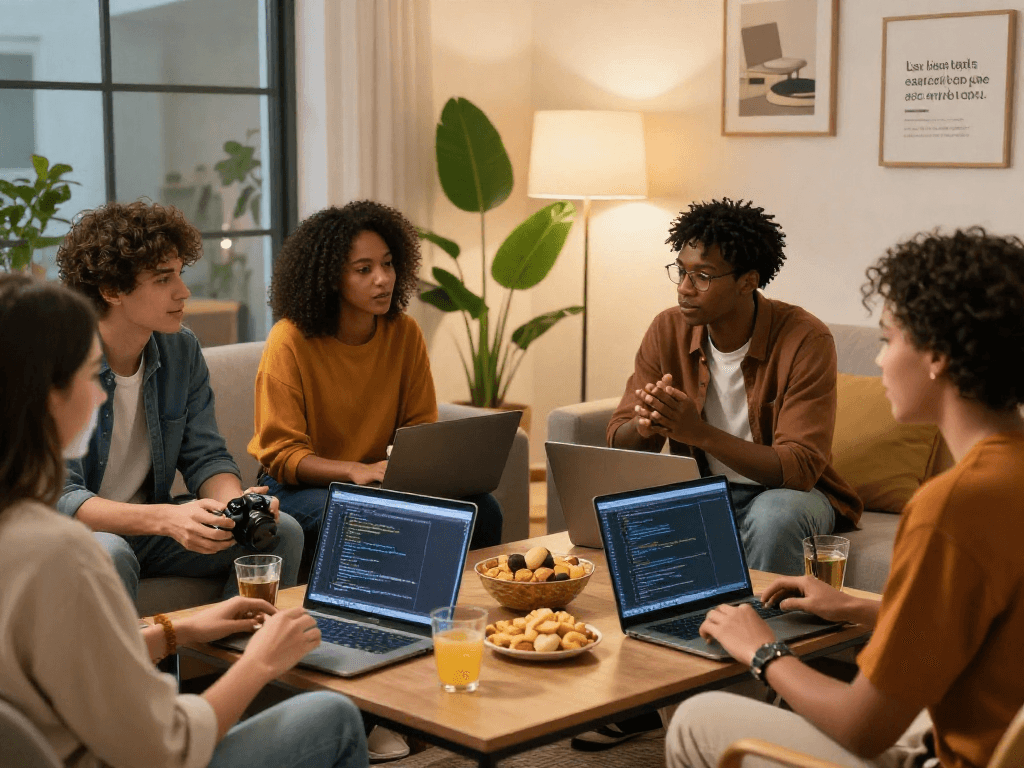 AI +18 discussion among friends in a cozy living room setting, showcasing innovative technology.