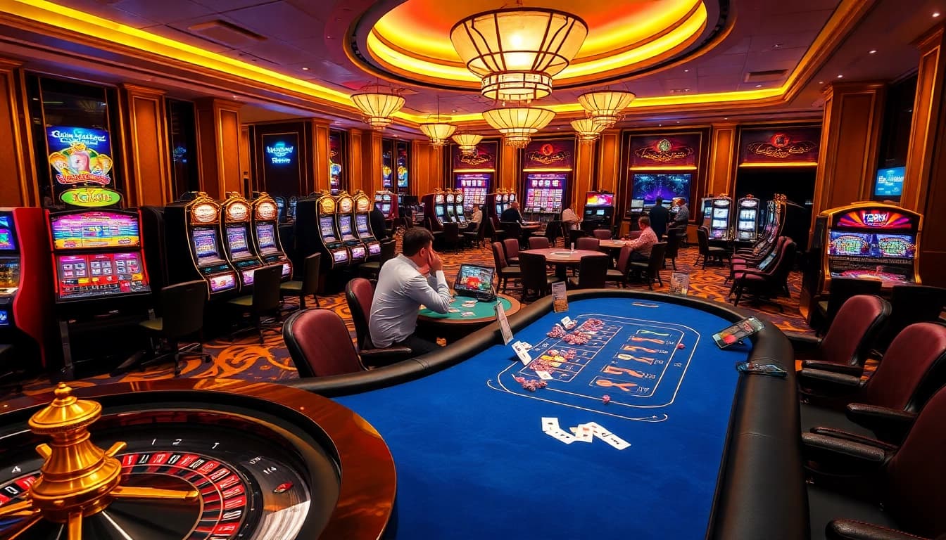 The thrill of playing Tài Xỉu at tg88's luxurious casino with vibrant slot machines and engaged players.