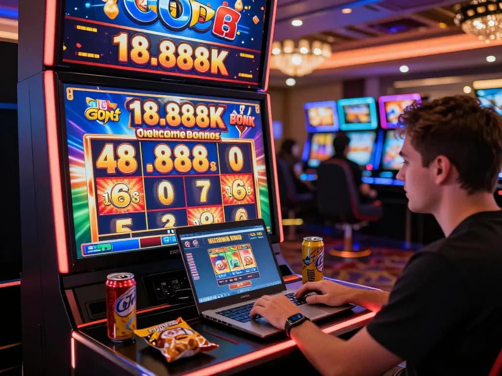 Player enjoying a dynamic gaming session at GO8, surrounded by vibrant slot game graphics and promotional banners.