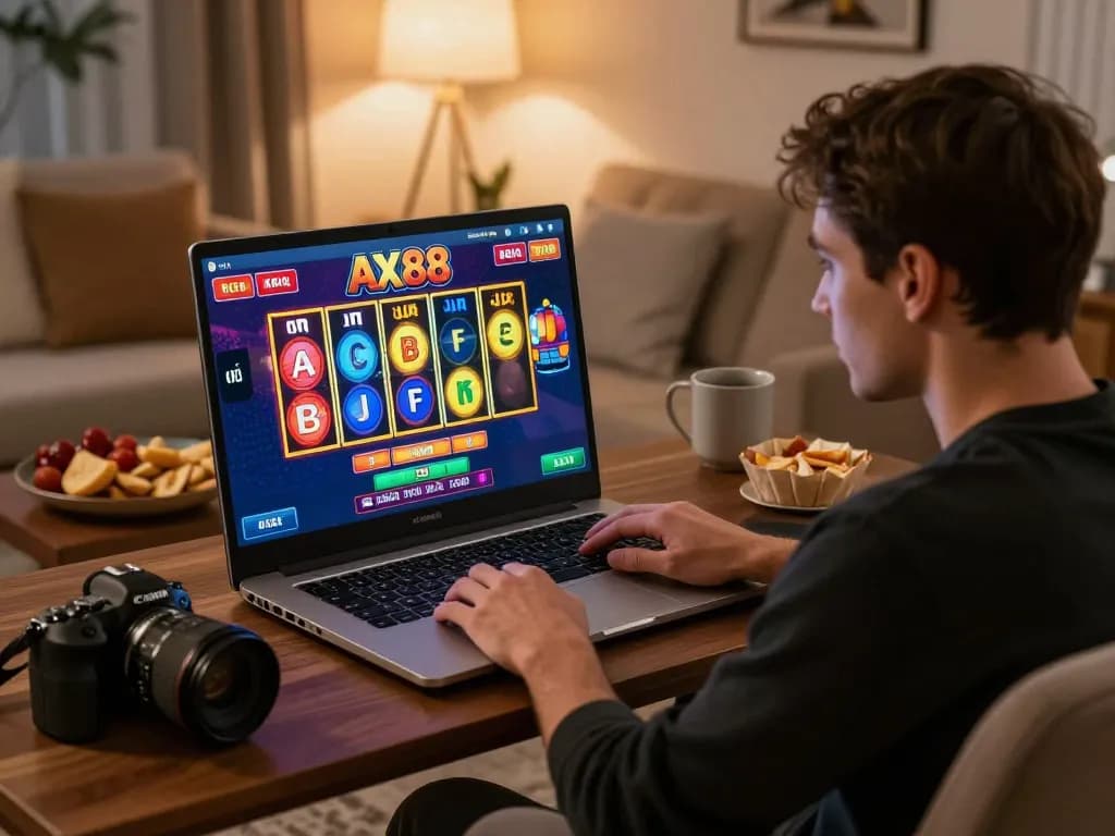 Playing AX88 co slots on a laptop in a cozy home setting with colorful reels spinning